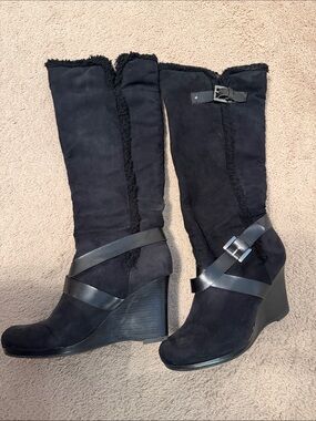 Studio Paolo Black Suede-Look Wedge Boots with Buckle Straps